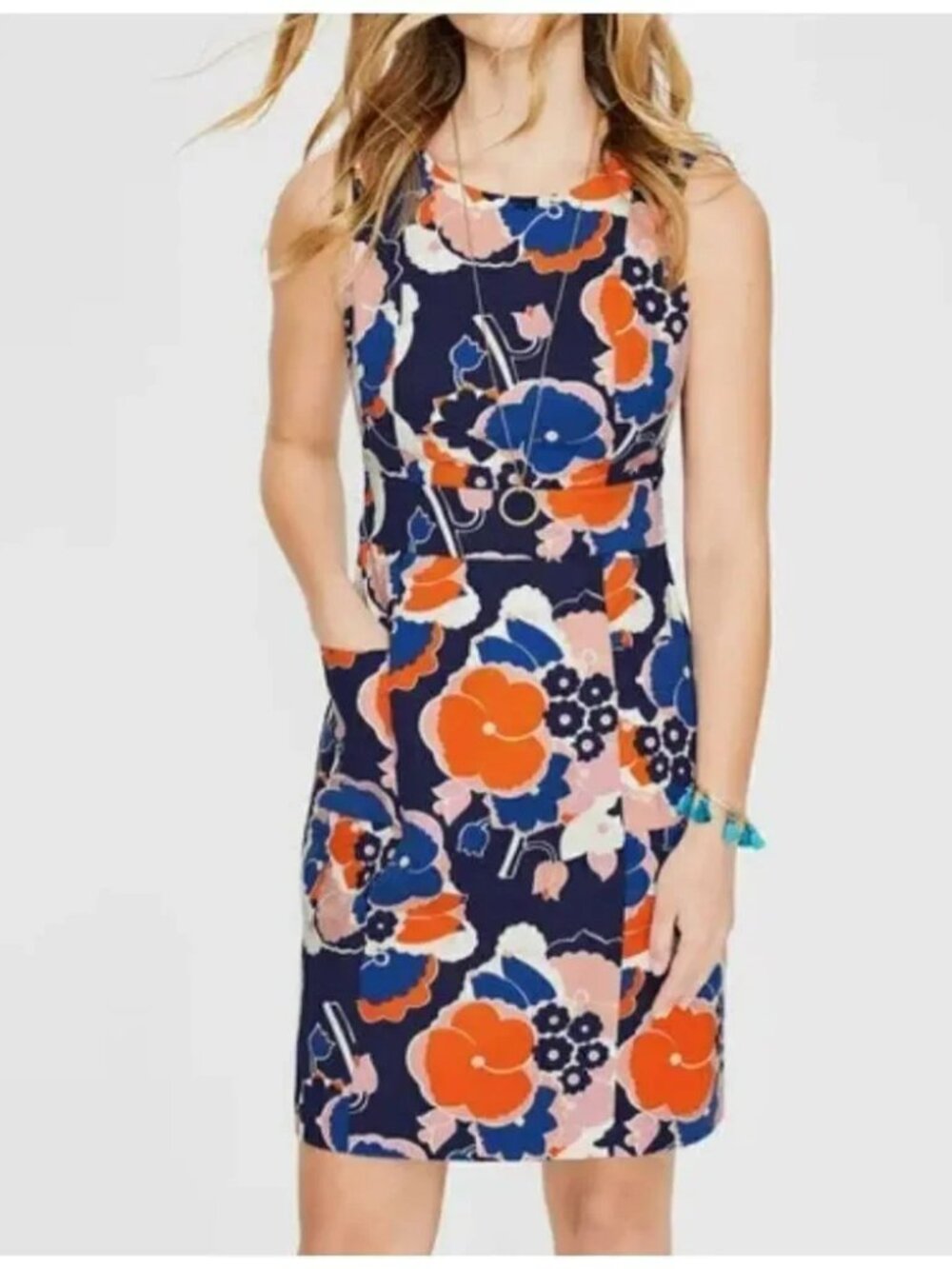Boden Blooming Bouquet Cotton Floral Sheath Dress - Navy 10L - Pockets